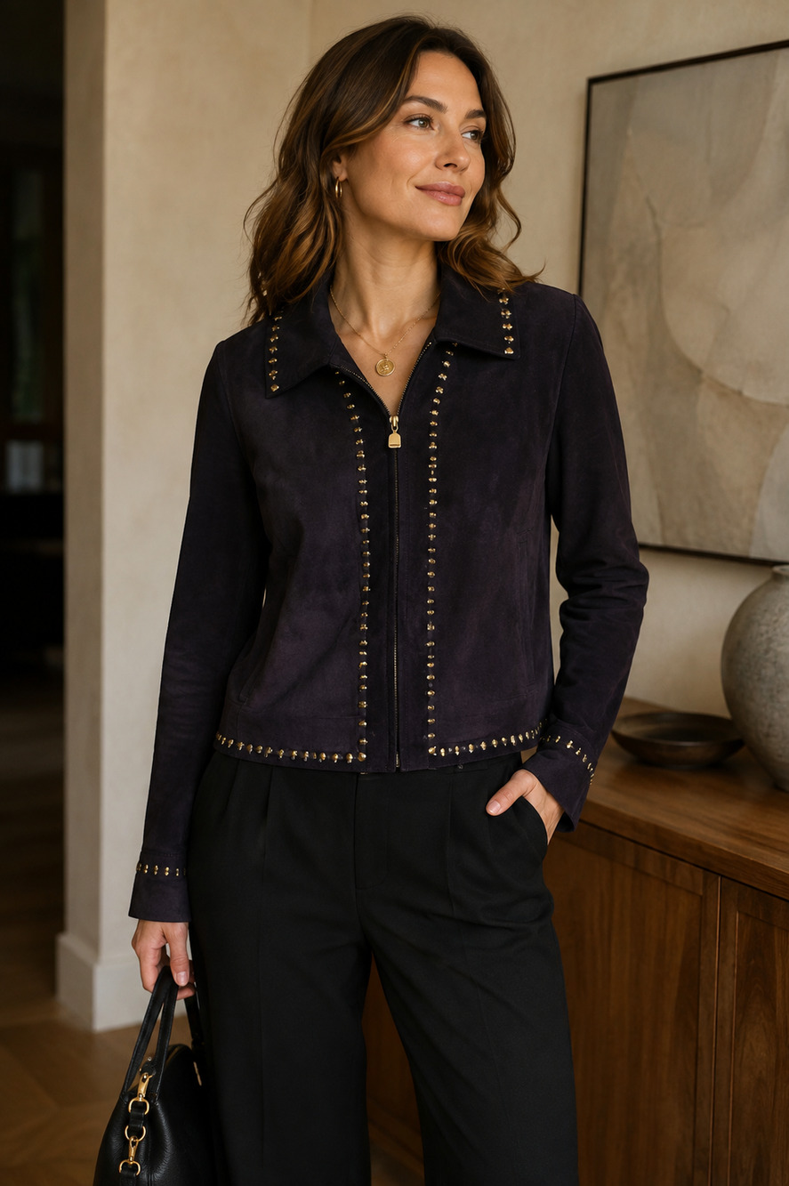 Vintage ST John purple sweater leather inserts and gold embellishments size 8